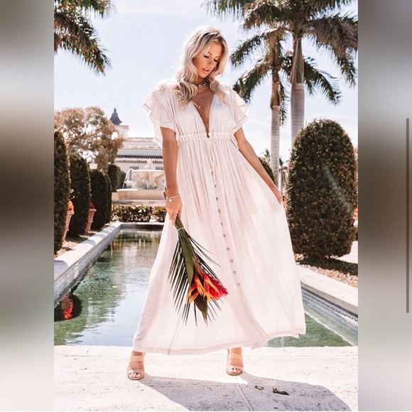 Boho White Gauze Button Flutter Maxi Butterfly Sleeves Dress, Coverup Dress - Picture 3 of 7